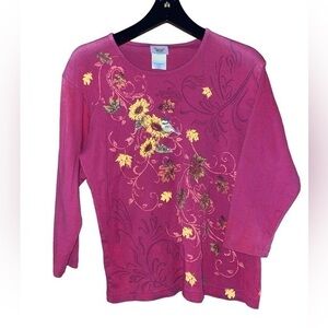 Pleasant Shade Womens Plus Bird Floral‎ Tee 3/4 Sleeve Cotton Cottagecore 2X Red